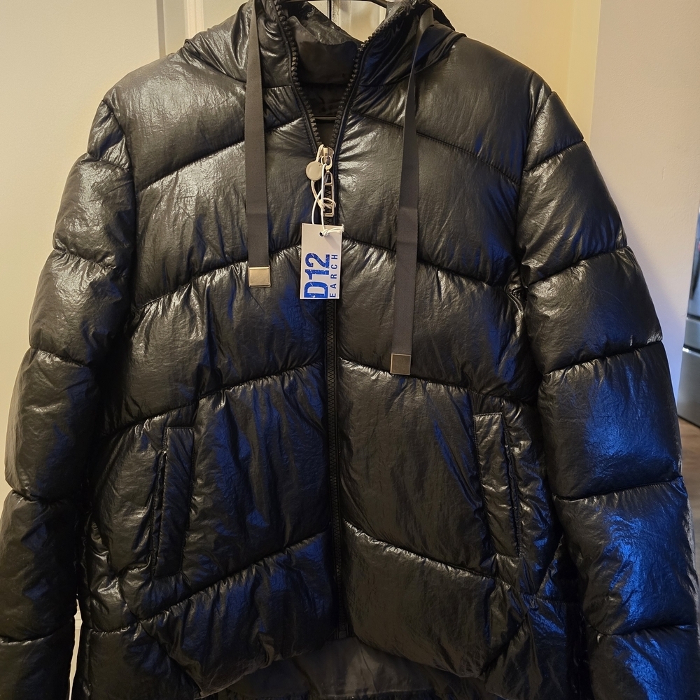 Black Hooded Puffer With Fringe On Sleeves XL